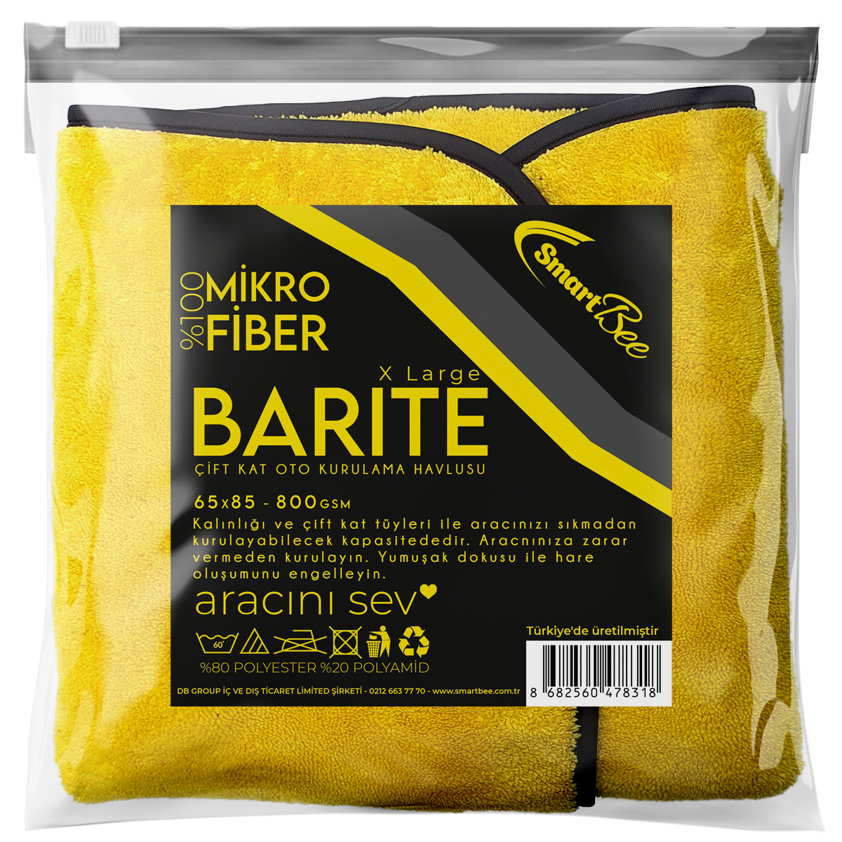 Barite Çift Kat Mikrofiber Oto Kurulama Havlusu 65×85 800gsm – Sarı