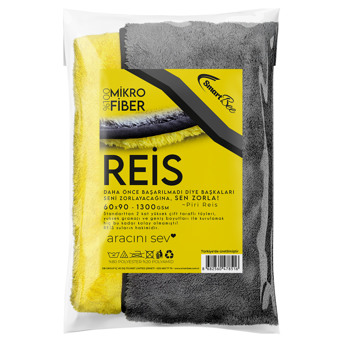 Reis Çift Kat Mikrofiber Oto Kurulama Havlusu 60×90 1300gsm – Sarı Gri